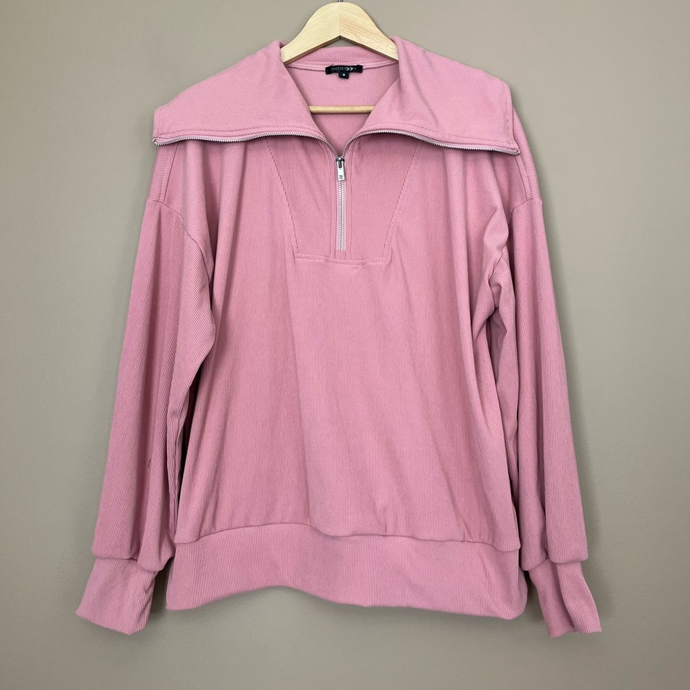 {Papermoon} Ribbed 1/4 Zip Pullover Sweatshirt in Pink - Womens Medium